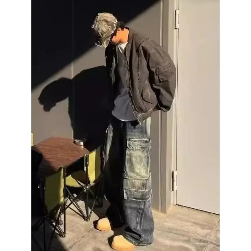 Men's Jeans Loose Fit Cargo Straight Leg Pants Vintage Wash Work Pocket Denim Trouser Man Pants Autumn Retro Streetwear — image 6