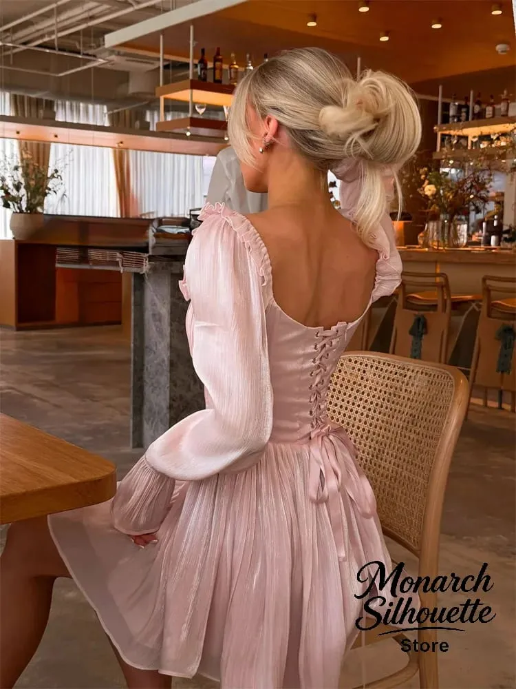 Elegante gola quadrada plissado guarnição vestido feminino chique sólido mangas completas cintura cinching vestidos curtos senhora sexy rua robes novo — image 6