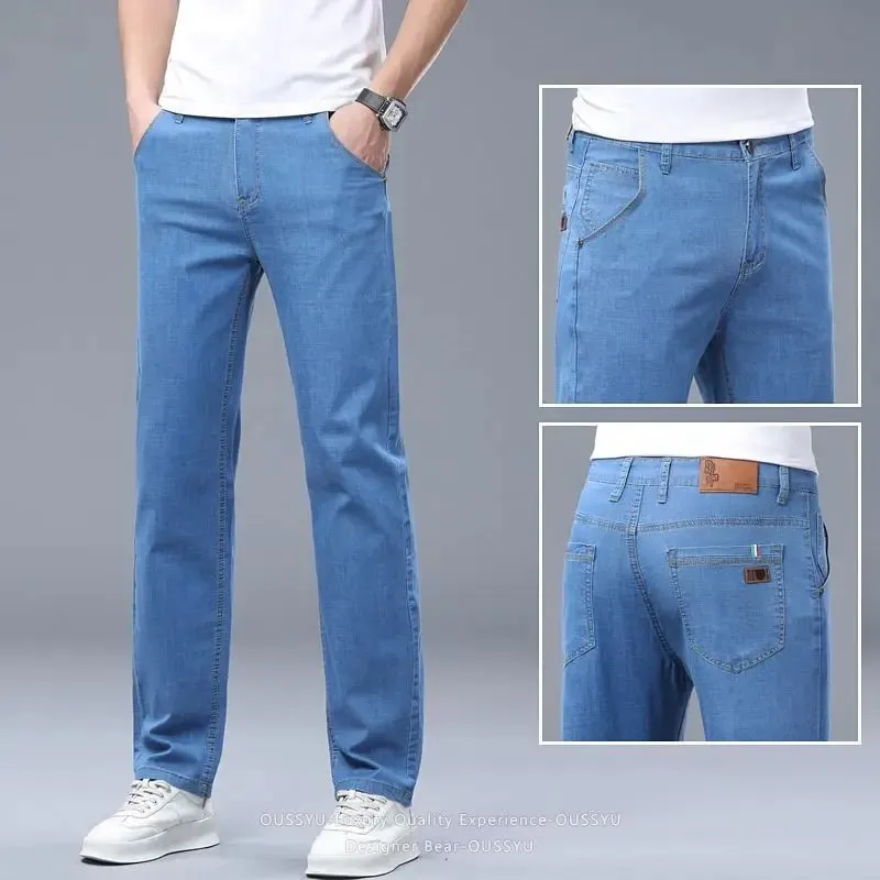 Summer Thin Men's Elastic Cotton Jeans Fashion Business Straight Casual Denim Pants Male Work Clothes Slim Trousers Plus Size 40 — image 5