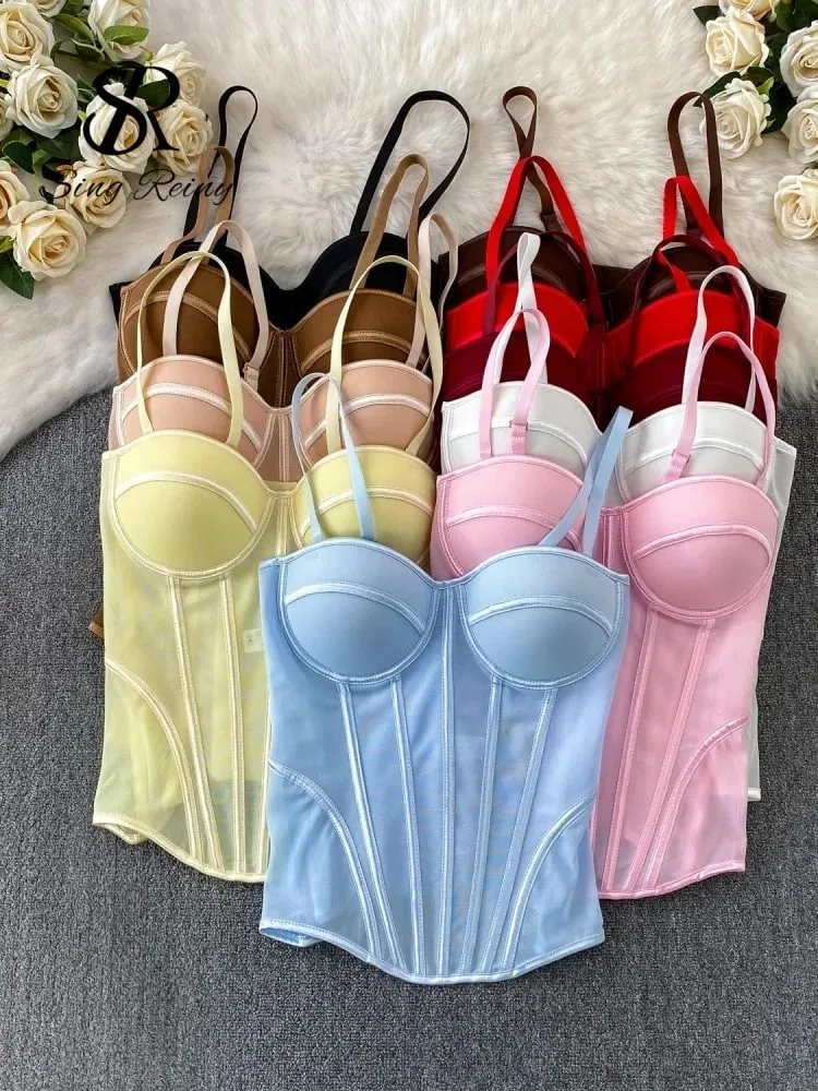 2026 Luxury Mesh Corset Camisole Women Strap Solid Lingerie Top Summer High Quality Tummy Control Sheer Party Tank Top — image 1