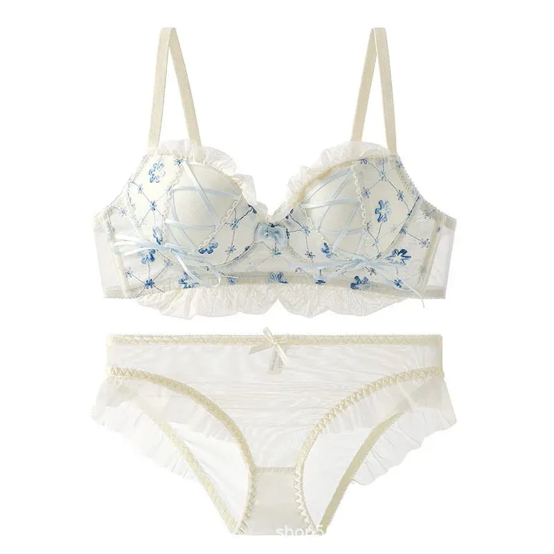 Underwear Sweet and Cute Lace Lingerie with Briefs Set Girl Heart Fresh Steel Ring Gathered Thin Bra Set Push Up Bralette — image 2