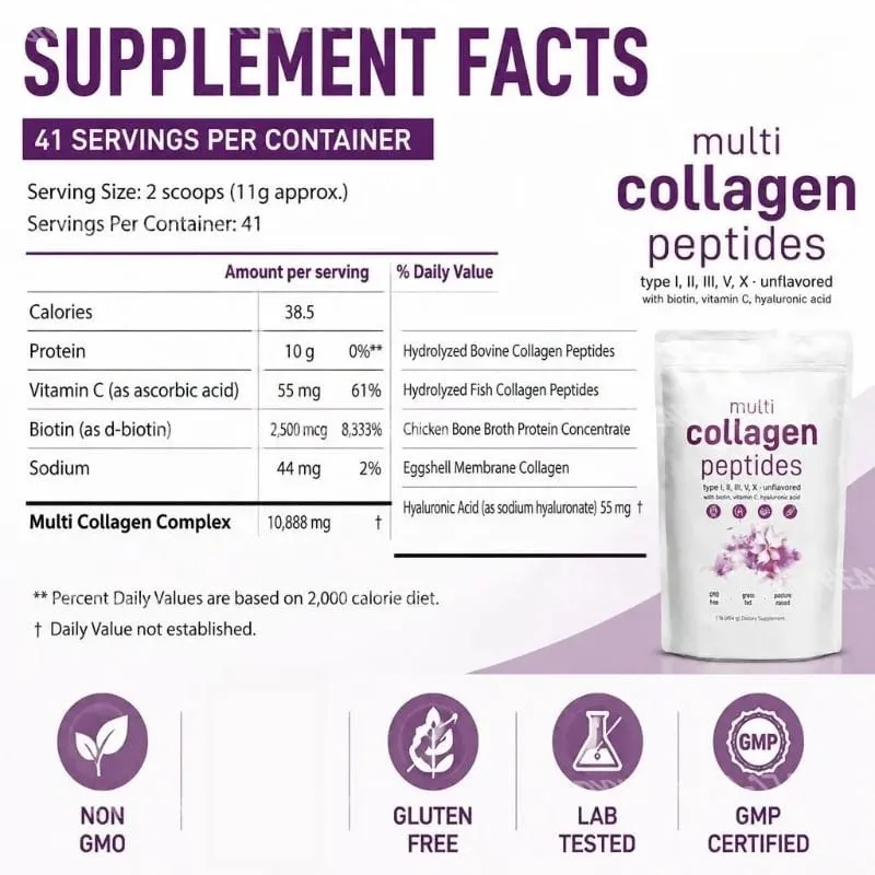 Multi Peptídeos de Colágeno em Pó Tipos I II III V com Biotina Vitamina C e Ácido Hialurônico Suporta Unhas de Cabelo para Pele para Homens e Mulheres — image 2