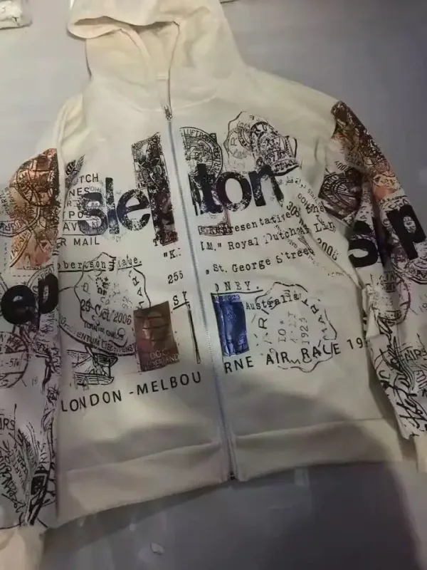 เสื้อแจ็คเก็ตซิปHoodie Apricotพิมพ์ตัวอักษรการ์ตูนแฟชั่นRetro Y2K High Streetผู้ชายและผู้หญิง — image 3