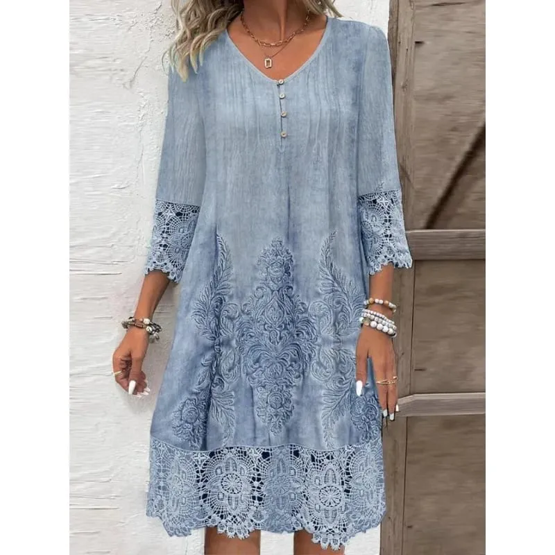 Moda vestidos de verão 2024 verão novo padrão 3d renda emenda oco para fora midi vestido casual vestidos de manga curta senhora — image 2