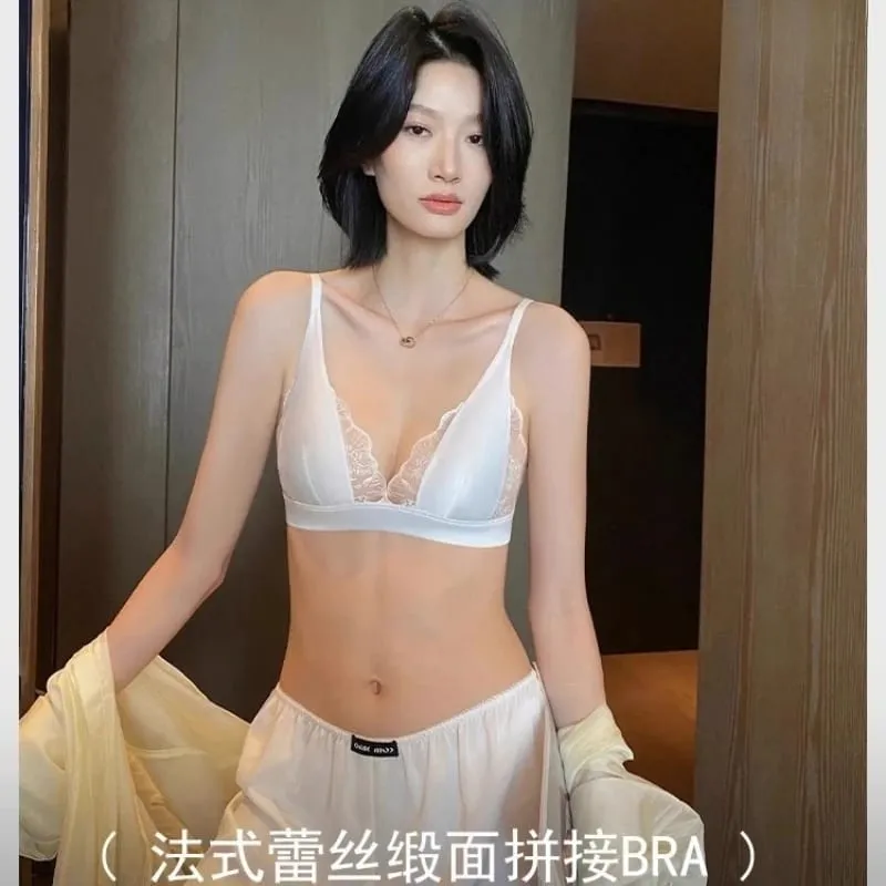 Sutiã sexy de verão Sin Aros Lingerie francesa Encaje Triangulo Pecho Pequeño Bralette Suave Puro Deseo Saten MOYISU 32-38-S-XL AB — image 7