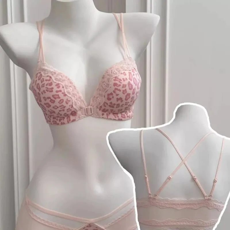 Victoria Style MOYISU Pink Leopard Wireless Bra Set Front Hook Design Push Up Bralette Sexy Back Lingerie To Boost Small Bust — image 6