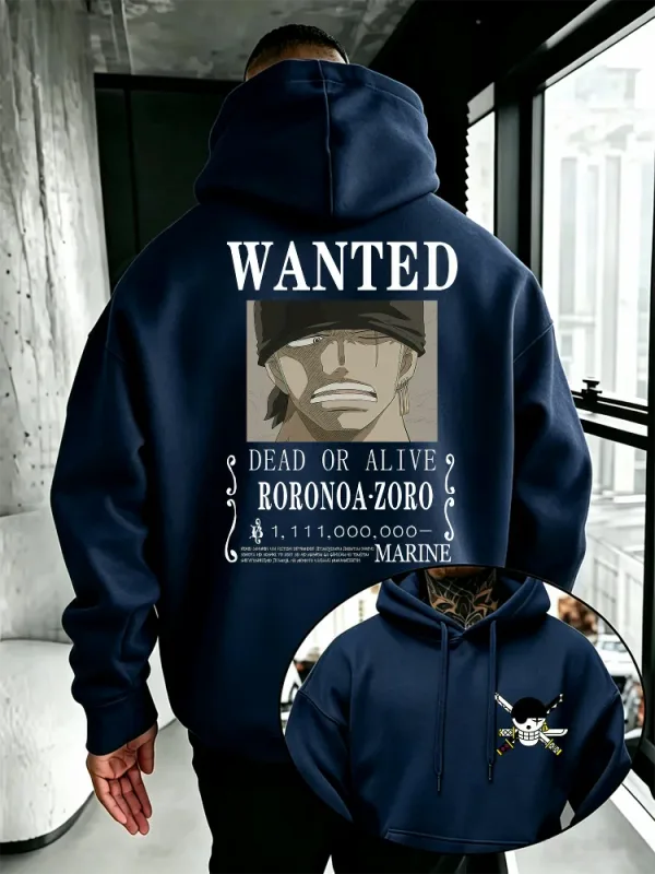 Bandai One Piece Mens Hoodie New Autumn Winter High Quality Warm Pullover Featuring Zoro Wanted Poster Print Casual Style — image 1