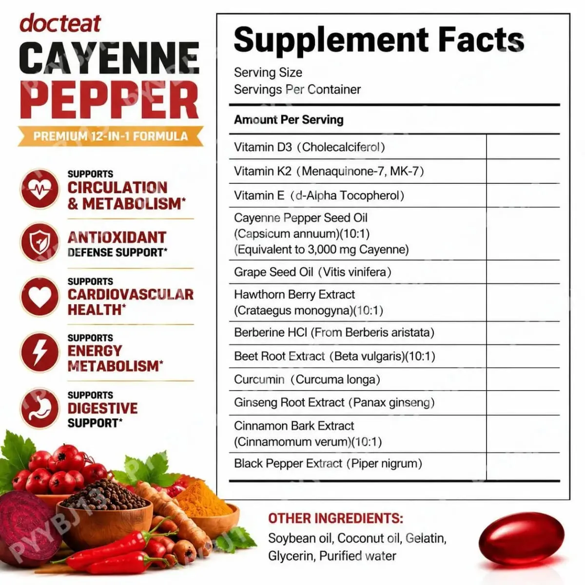 Docteat Cayenne Pepper Softgels na may Vitamin D3 at K2 Energy Metabolism at Digestive Support Antioxidant Defense 180 Softgels — image 2