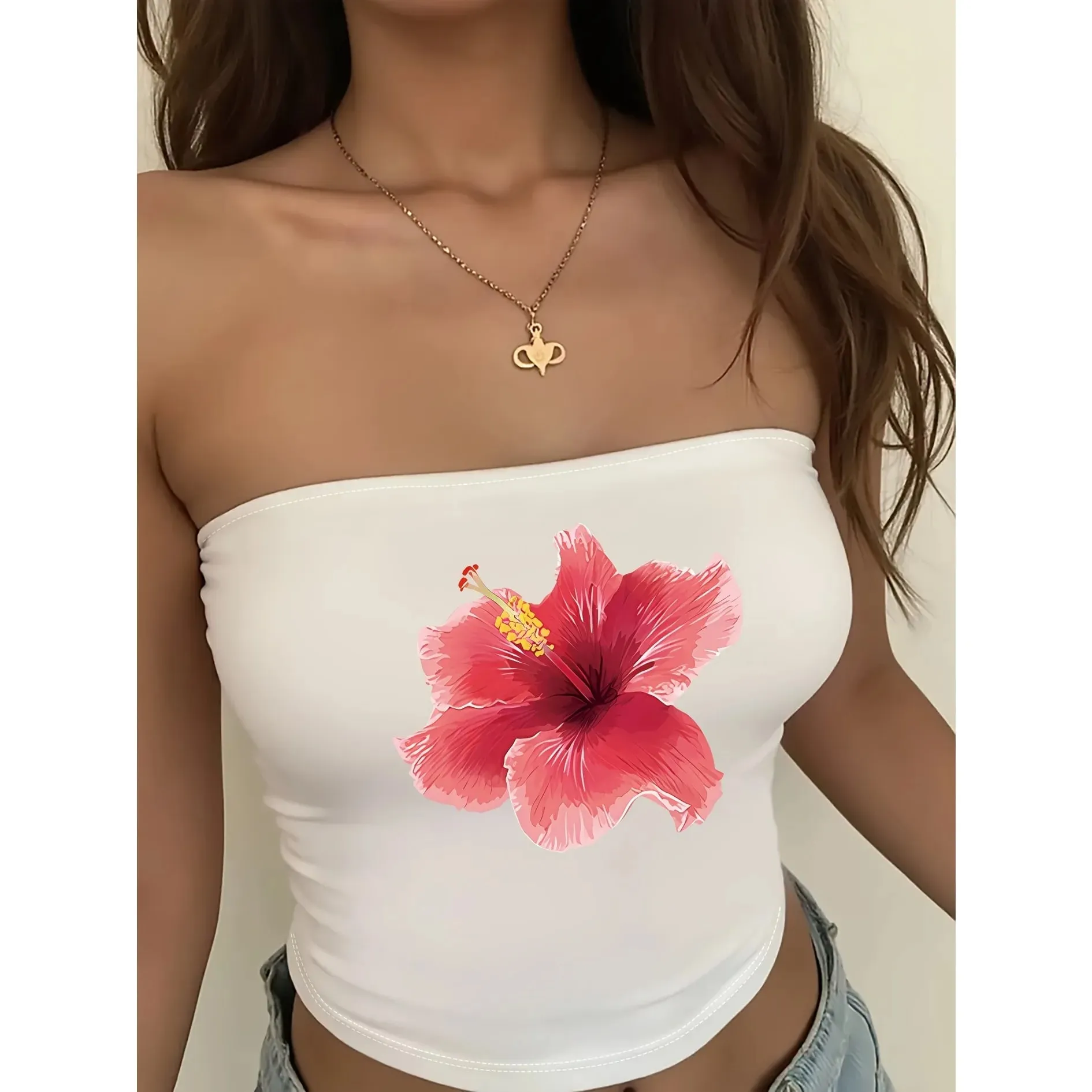 Graphic Tee Y2K Women'S Short Top with Flower Print Sexy Suitable for Summer and Casual Wear Summer Tube Top Strapless — image 7