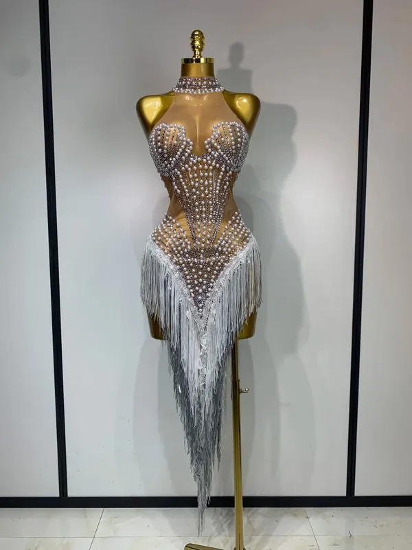 Sexy traje de palco brilhante strass malha transparente lantejoulas borla noite festa de aniversário boate dança cantor outfit — image 7