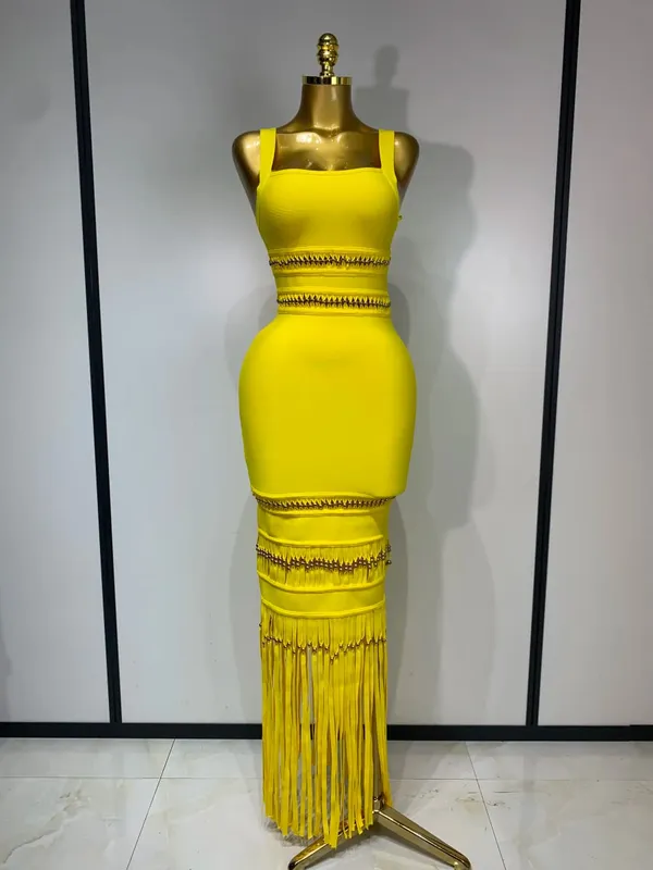 Mulheres sem mangas sexy gola quadrada borla bodycon bandage vestido celebridade elegante festa de noite vestido de aniversário de alta qualidade