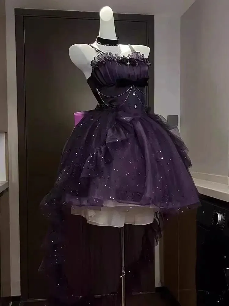 Gotisk Röd Lolita JSK Klänning Dam Spaghetti Band Volang Tyll Kjol Kedja Rosett Dekor Hög Låg Fåll Vintage Princess Festklänning — image 5