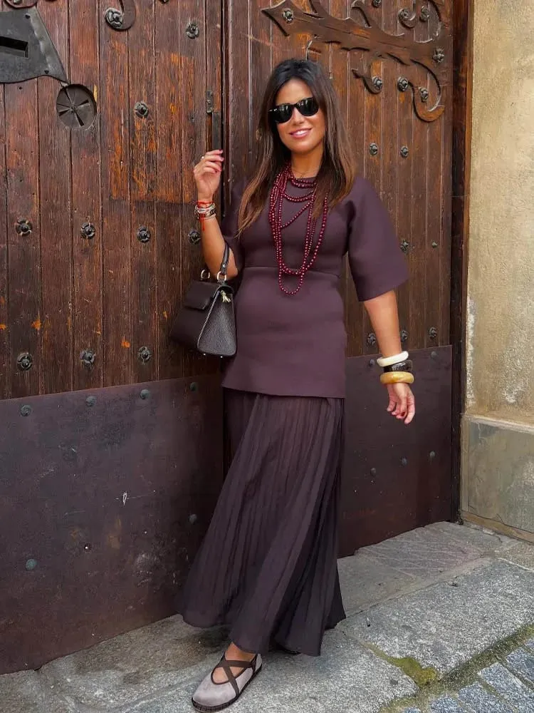 HH Mulheres Elegantes Meia Mangas Gola O Vestido Plissado Primavera Mulher Zíper Traseiro Emenda Vintage Casual Malha Vestido Longo — image 5