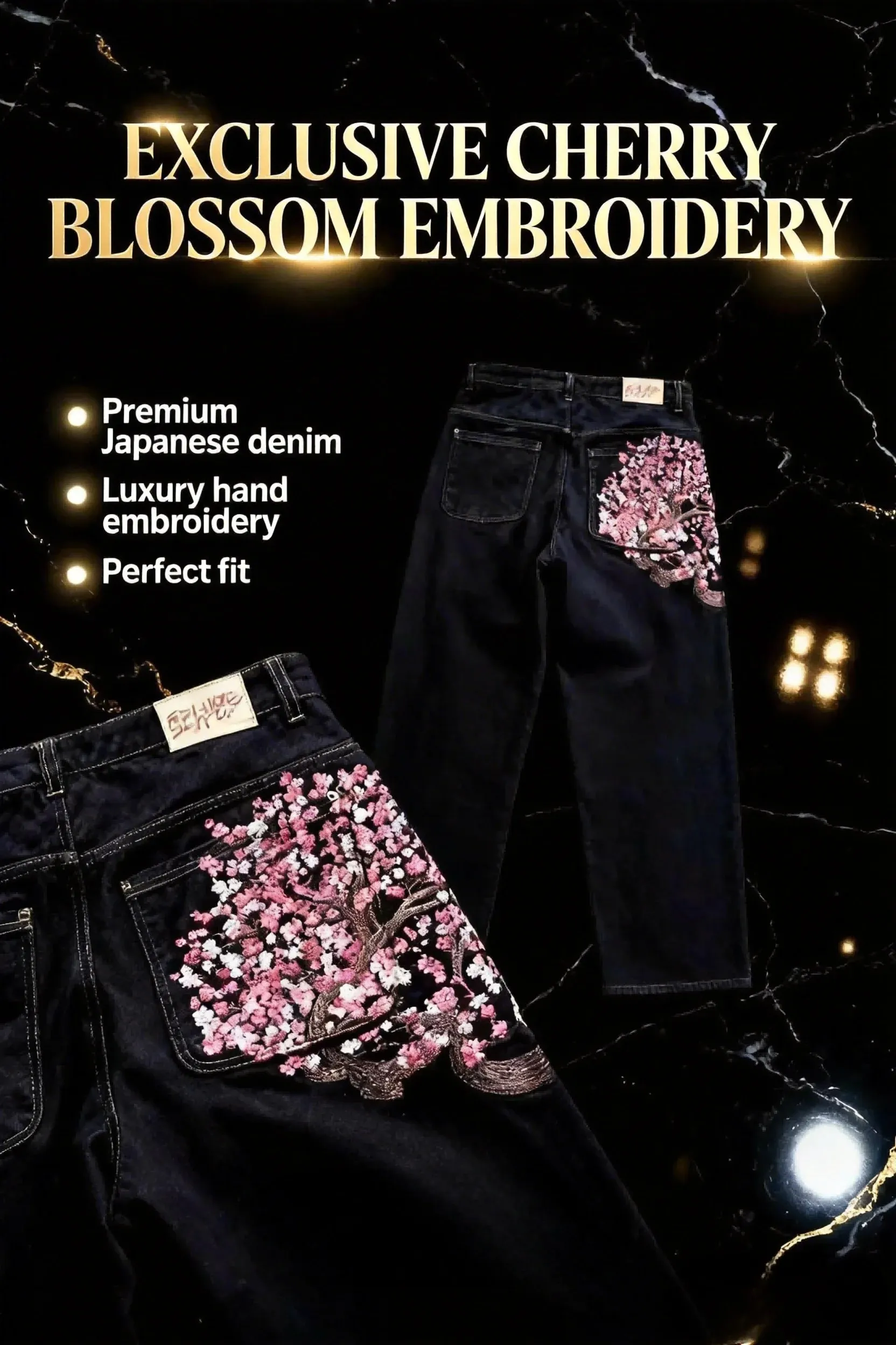 American Retro Pocket Cherry Blossom Embroidered Jeans Y2k Vintage Men Casual Baggy Straight Wide Leg Denim Pants Hip Streetwear — image 2