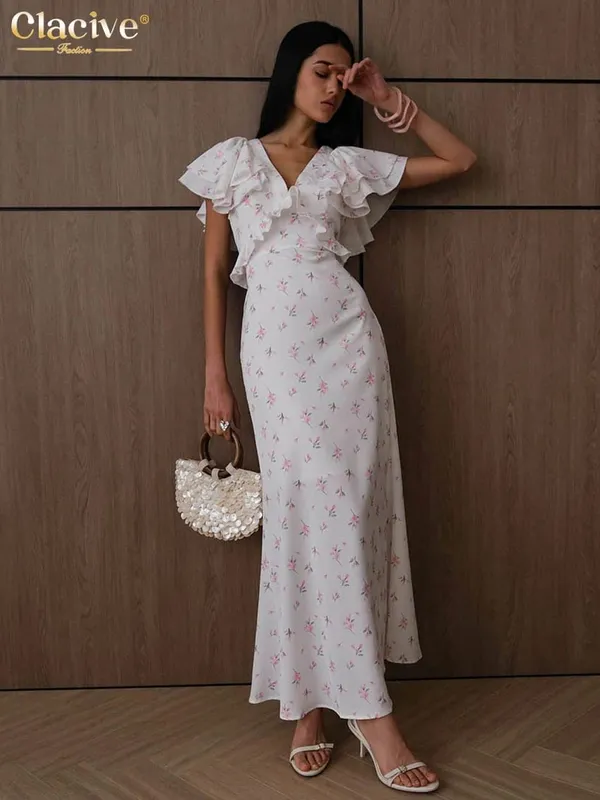 Clacive Sexy Loose Print Pambabaeng Dress 2026 Summer V-Neck Maikling Manggas Haba ng Bukong-bukong Dresses Elegant Classic Ruffles Pambabaeng Dress
