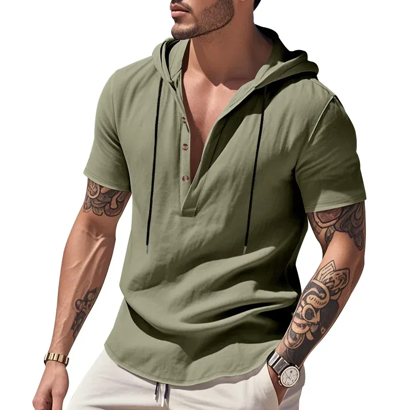 Hoodies men's sweatshirt 2026 summer linen hooded beach casual drawstring short-sleeved T-shirt sweatshirt man's clothing