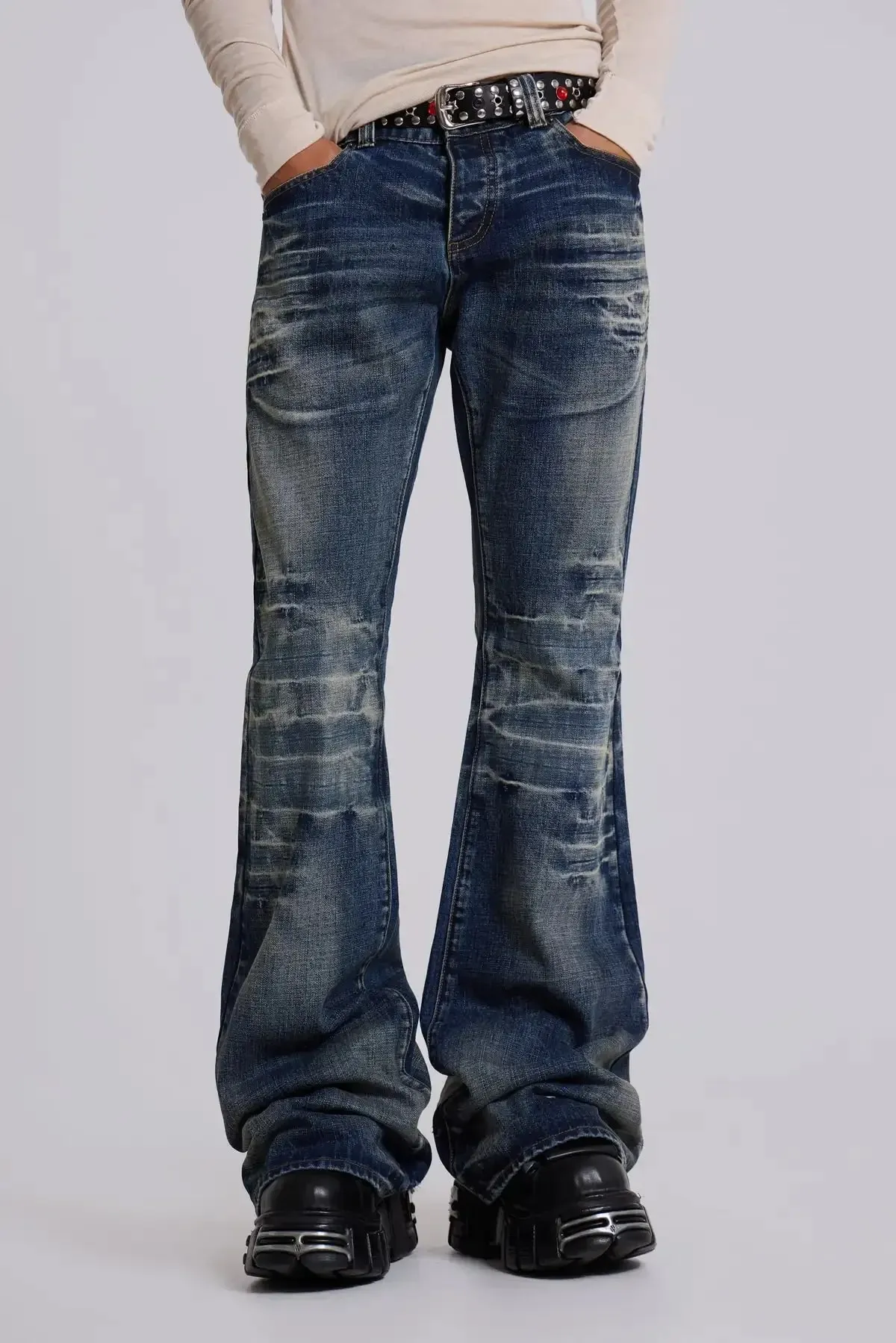Y2K Mid Blue Flared Jeans Washed Men Women Bootcut Jeans Gothic High Street Unisex Streetwear Baggy wide leg Pants — image 9