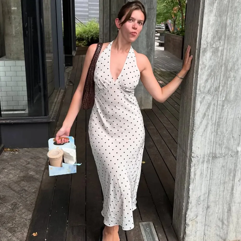 Tuularose Polka Dot Hanging Neck Long Dress Babae Elegant Strapless Sexy Lace-up Walang Sleeveless Backless Fashion Club Party Dresses — image 2