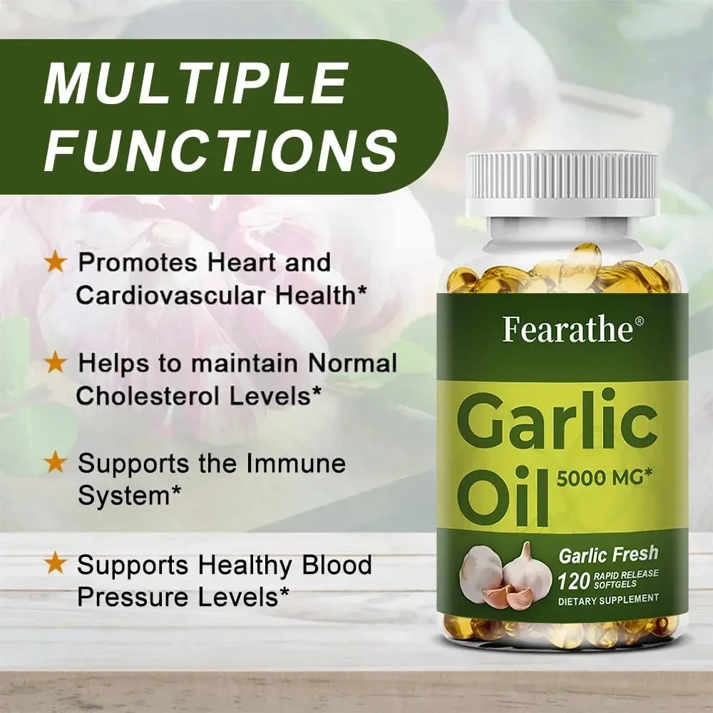 Cápsulas gelatinosas de óleo de alho 5000 mg, circulação cardiovascular imunológica, coração, sem sabor, não transgênico, suplemento sem glúten — image 2