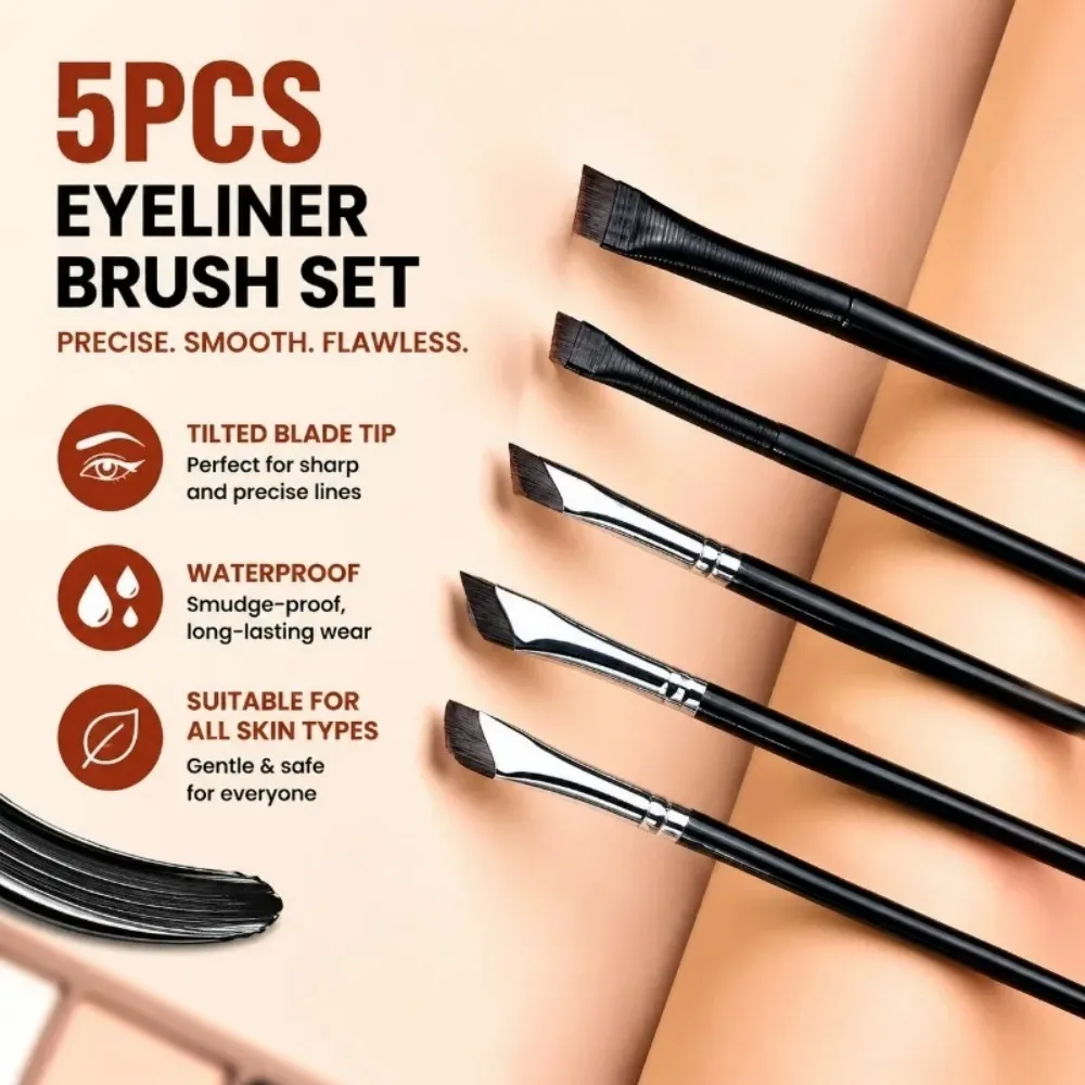 5pcs Precision Eyeliner Brush Set Angled Eyeliner Eyebrow Brushes With Long Handle For Beginner Make-up Artist Eye Makeup Brush — image 1