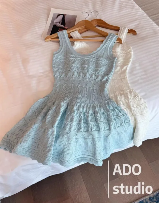 Korobov vestido linha a doce cor sólida com babados vestido colete de malha para mulheres verão estilo francês saia curta vazada