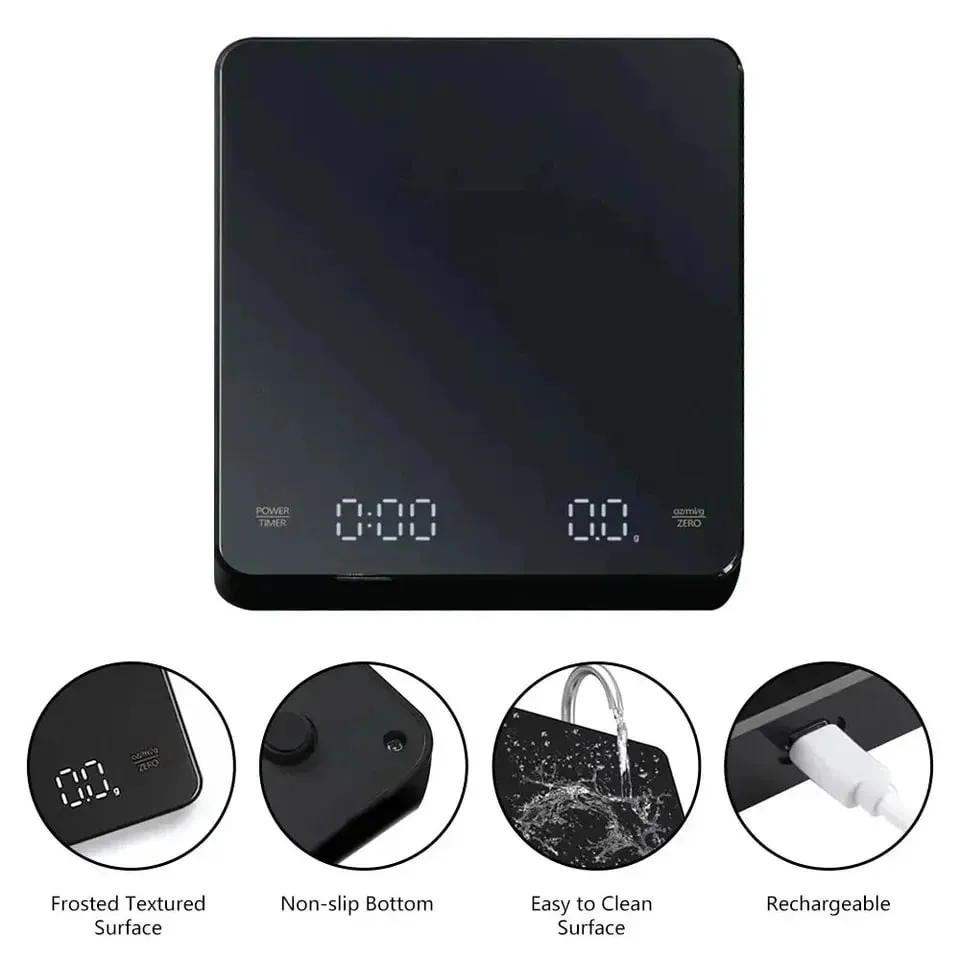 USB Rechargeable Digital Espresso Scale with Timer LED Screen 3kg 0.1g Precision Kitchen Scale Support g oz ml Unit Conversion
