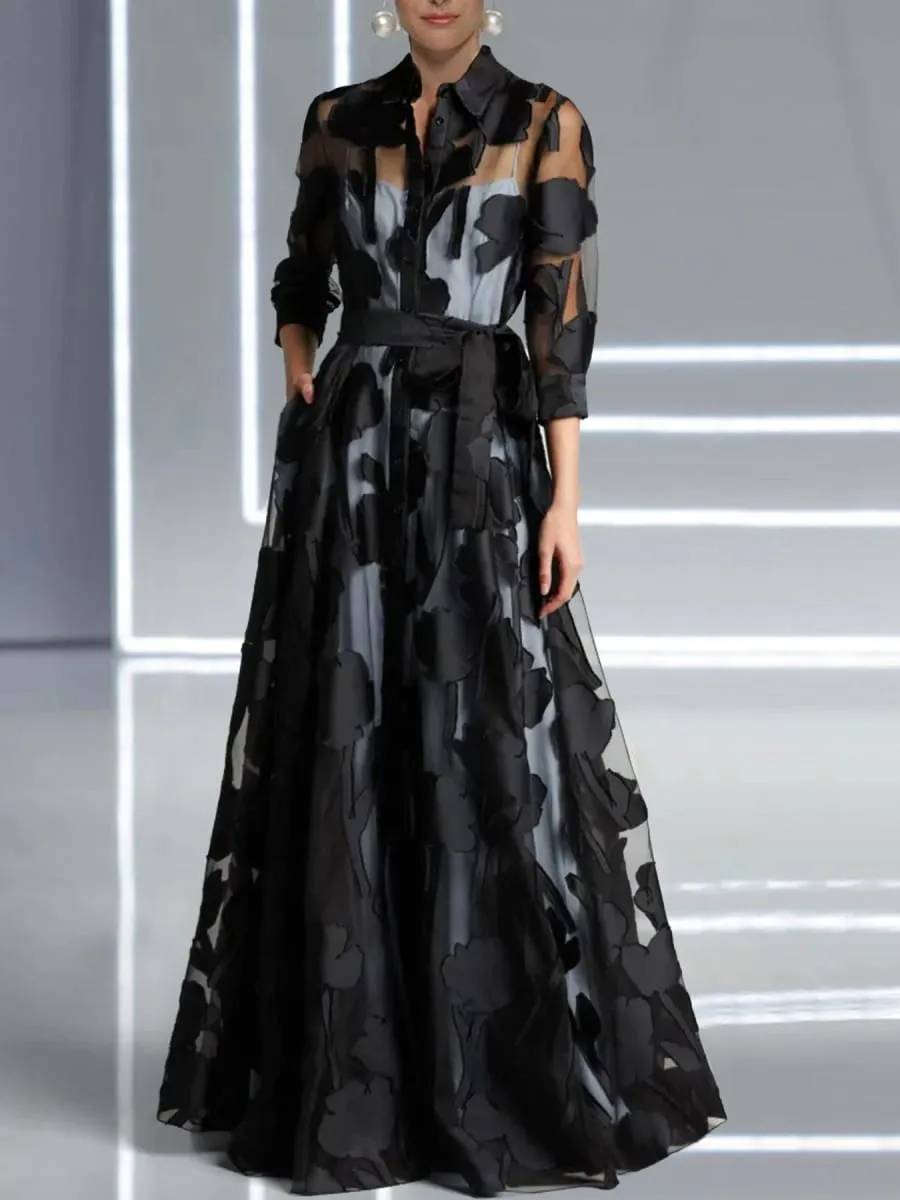 Elegante manga de três quartos com nó cintura jacquard malha maxi vestido para mulheres sem forro transparente clube festa vestido longo — image 2