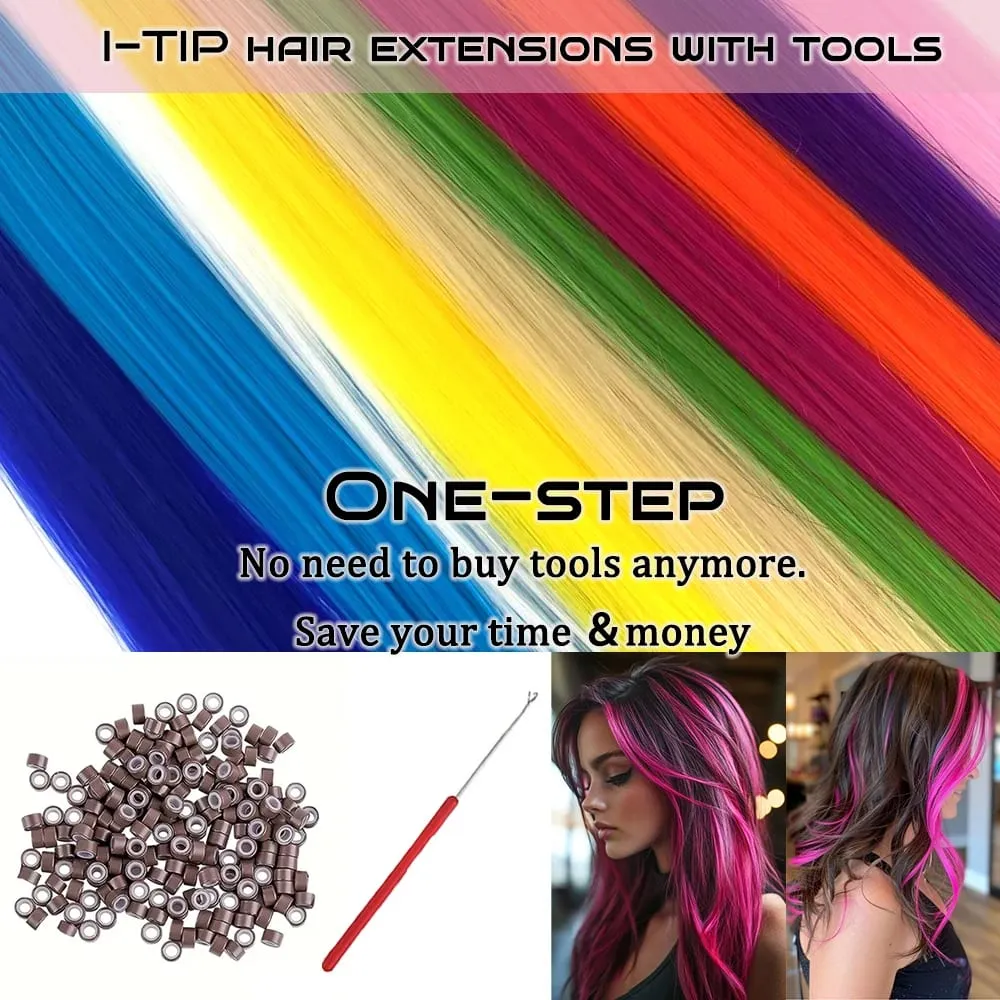 20 Strands Synthetic I-Tip Fusion Hair Extensions Party Colors 16" Straight Heat Resistant Highlight Feather Hairpieces Festival — image 6