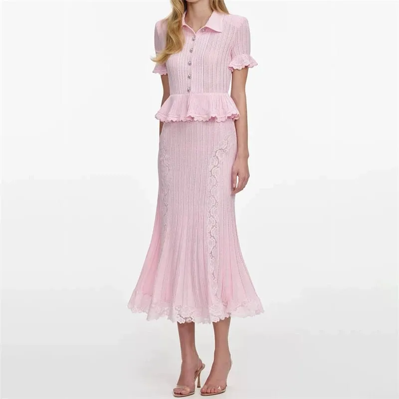 New Summer Women's Lace-Trimmed Short-Sleeve Knitted DressY2K High-Quality Fashionable Casual Faux Two-Piece Fishtail Maxi Dress — image 1