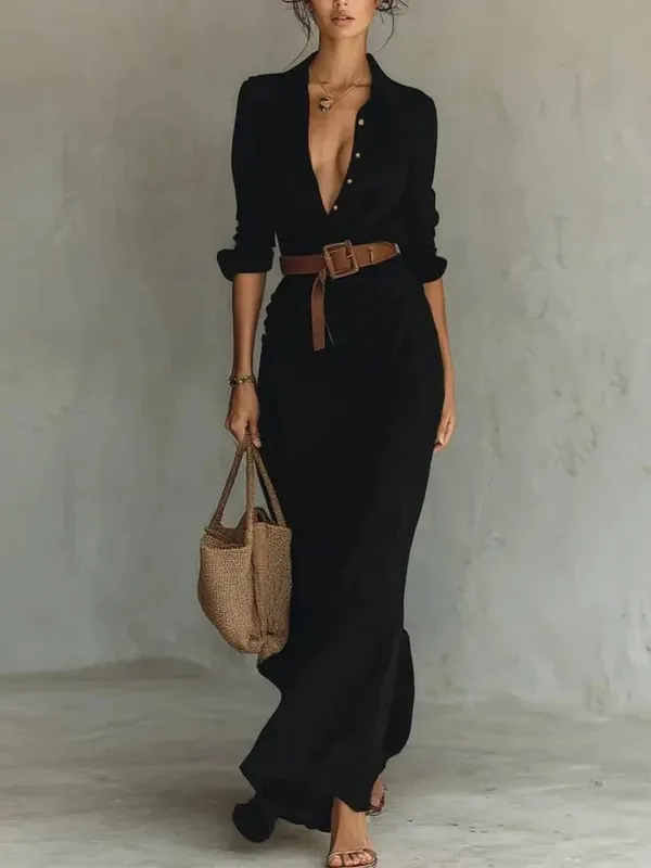 Fashion Sexy Single-breasted V-neck Long-sleeved Dress For Women Elegant Spring Autumn Solid Color Irregular Belt Dresses Female — image 9