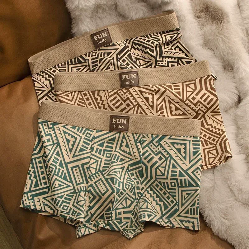 Atmungsaktive, bequeme Unterwäsche für Herren im amerikanischen Stil, personalisierte Boxershorts, bedruckt, trendige, ethnische Retro-Quadrat-Unterhose