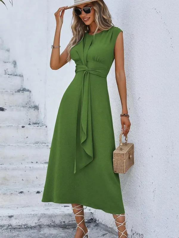 Women's Solid Color A-Line Dress Sleeveless Front Thin Straps Elegant Belted Midi Dress for Summer — image 15