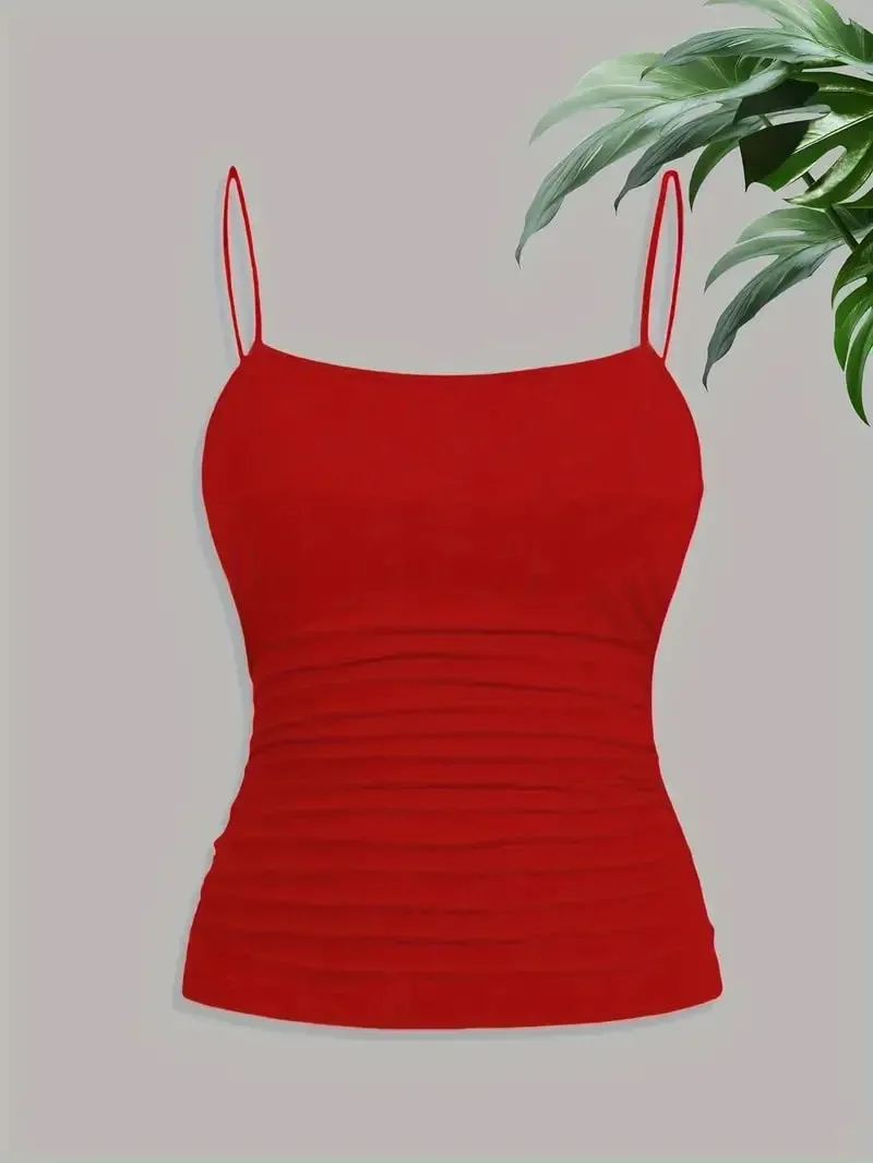 Women Elegant Thin Strap Ruched Cami Top Slim Fit Sleeveless Camisole Soft Stretch Basic Tank Vest Summer Fashion Underwear Blac — image 6