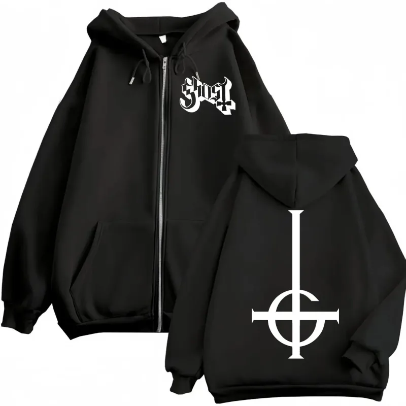 Venda quente Ghost Rock Band Logotipo Zíper Moletom Com Capuz Masculino Feminino Moda de Alta Qualidade Zip Up Moletons Casual Solto Pulôveres de Lã — image 1