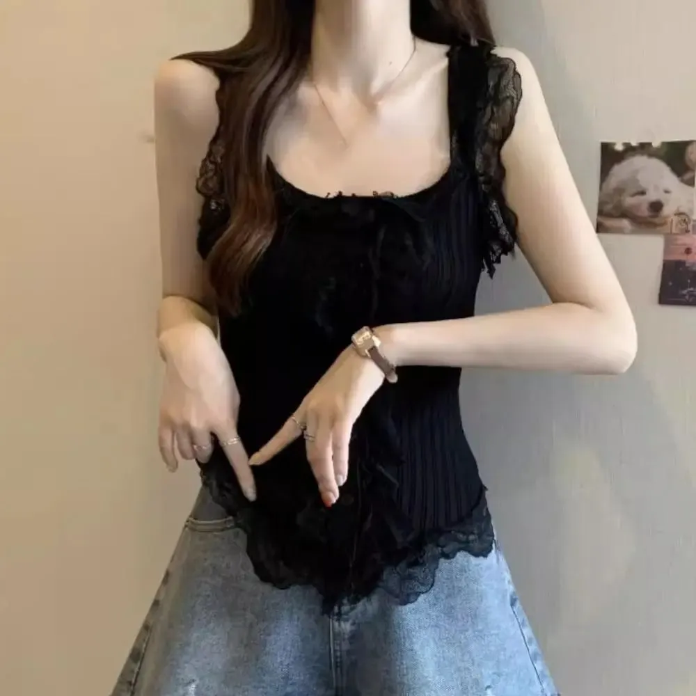 Cute Y2k Lace Knitted Crop Top Tank Korean Style Women's Knit Vest Top Undershirt Sweet Sleeveless Camisole Summer