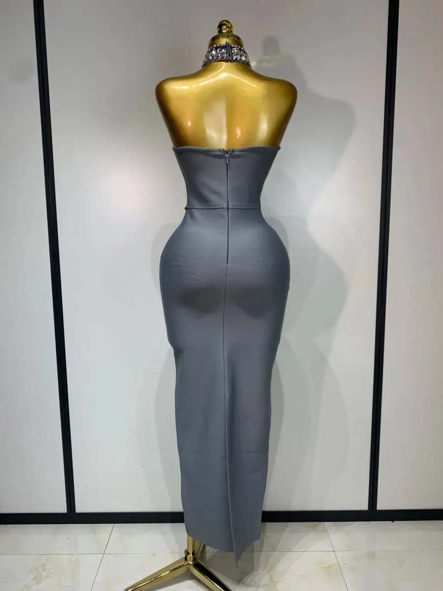 Alta qualidade sem alças miçangas com colar vestido bandagem celebridade elegante festa à noite fantasia clube vestidos de aniversário — image 4