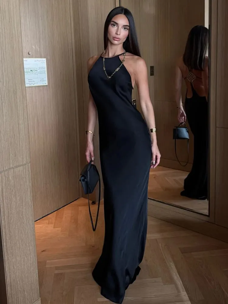 Nibber sem mangas halter vestido de cetim feminino fivela de metal elegante retalhos moda clássico festa à noite sem costas longo bodycon — image 6