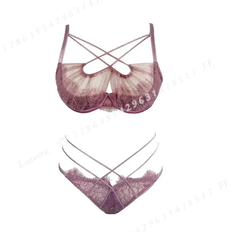 Summer Lace Embroidery Cross Tie Lingerie Set Sheer Mesh Push Up Bra Comfortable Daily Wear Underwear for Women Size 32-38