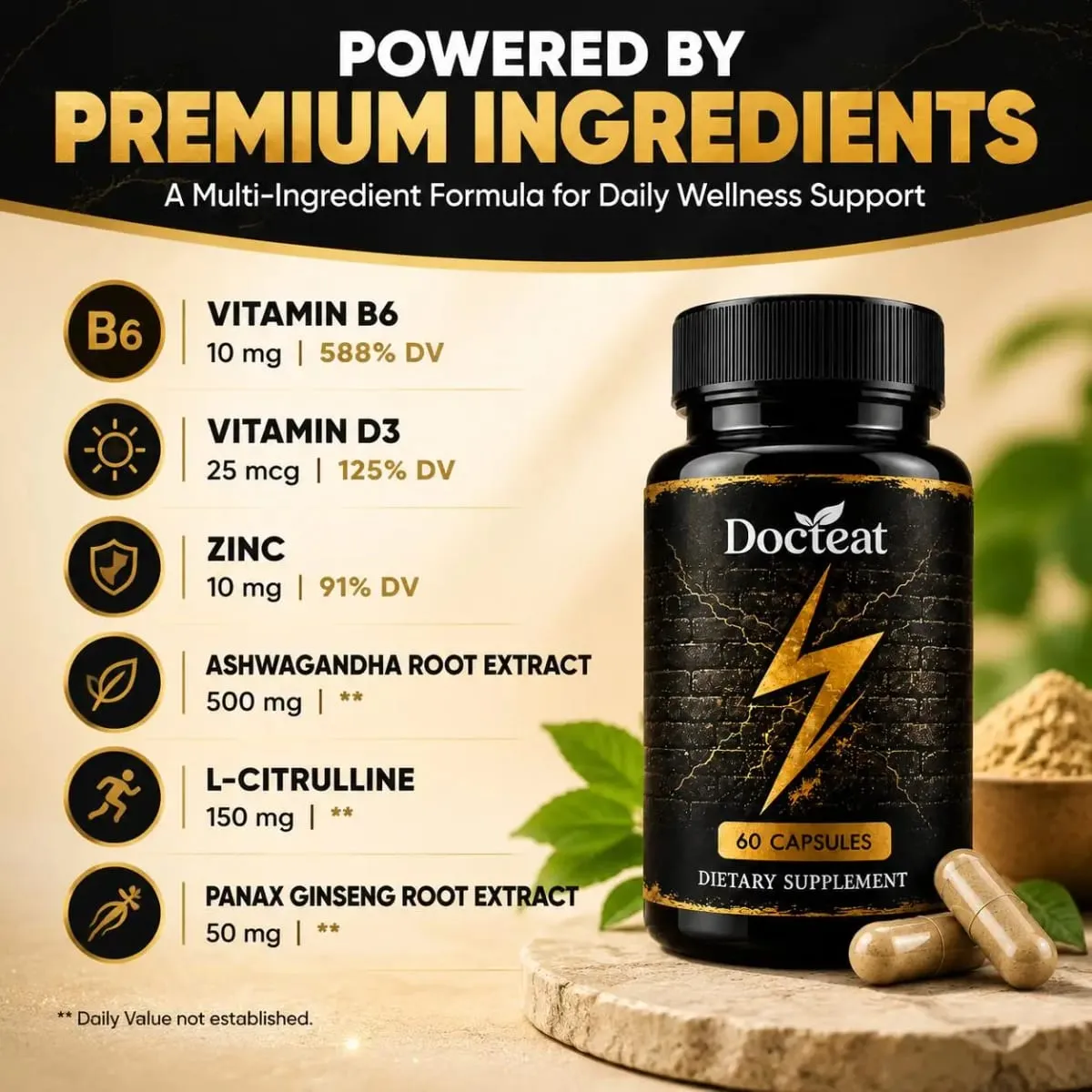 Docteat Men's Energy & Vitality Capsules with B6 D3 Zinc Ashwagandha L-Citrulline Panax Ginseng Daily Support 60 Capsules — image 5