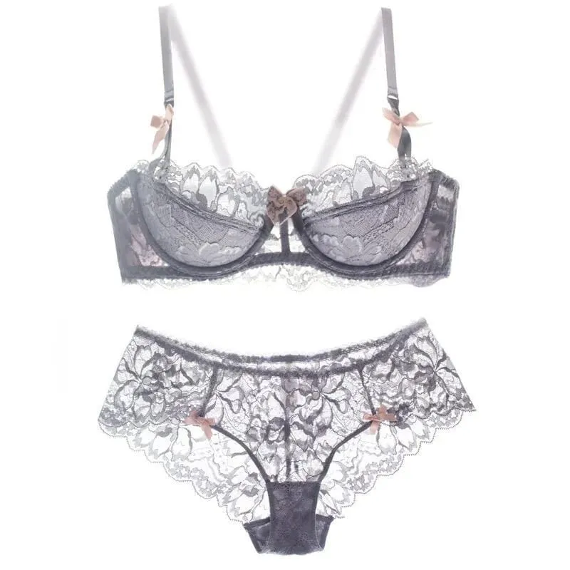 French Pure Passion Bow Shaped Shoulder Strap Lace Sexy Half Cup Push Up Bra Set Women's Thin Lingerie Big Breast Small Cup S-XL — image 11