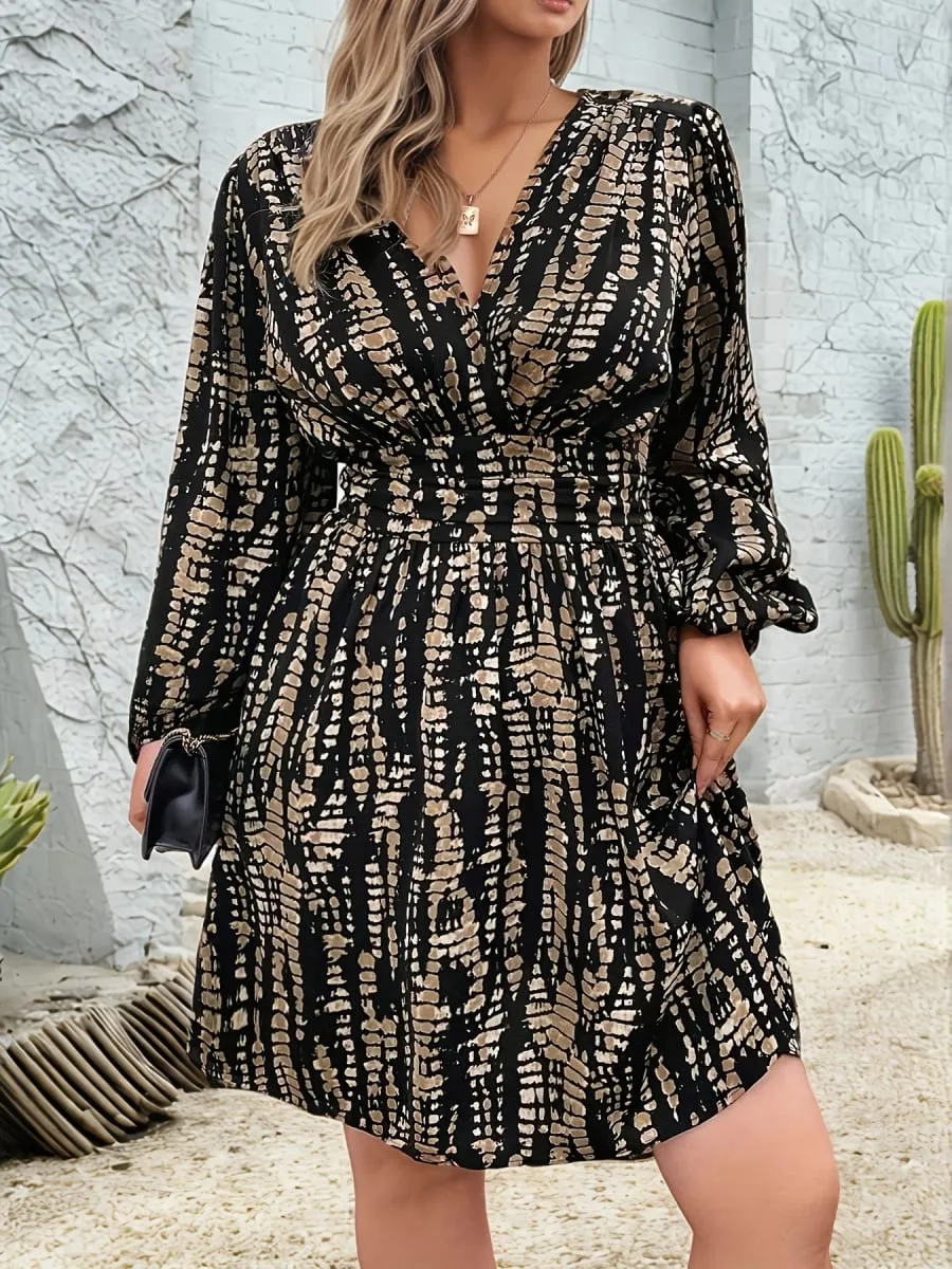 Elegant Directed Cross Neck Pleated Long Sleeve Waist Cinched Floral Print Midi Dress — image 2