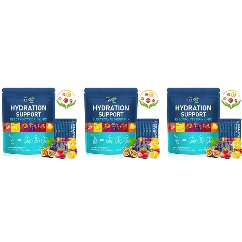 Lenm Electrolyte Drink Mix Powder with 7 Electrolytes and 5 Vitamins Sugar-Free Vegan Travel Hydration Support 24 Sticks