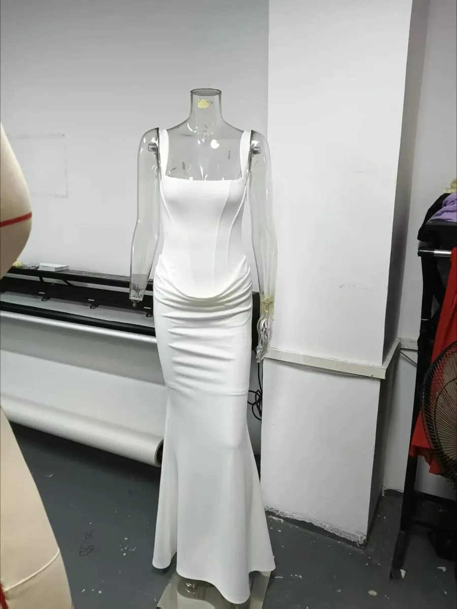 Suninheart White Women's Maxi Dress Elegat Lace Up Dress Slim Formal Wedding Guest Party Dress — image 5