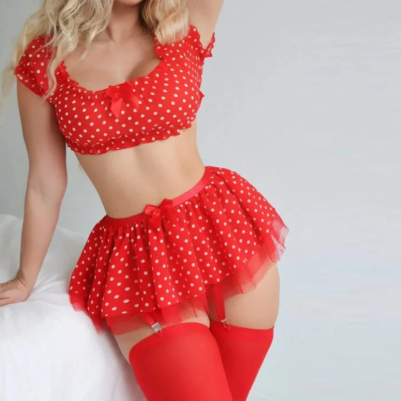 Women's Sexy Short Skirt with Garter Straps Sexy Lingerie Women Sexy Polka Dot Off Shoulder Puffy Skirt Polka Exotic Set — image 7