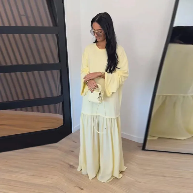 Solid Color Loose Fit Flare Sleeve Tiered Dress Crew Neck Ruffle Hem Pleated Long Maxi Dresses 2026 Spring Chic Casual Outwear