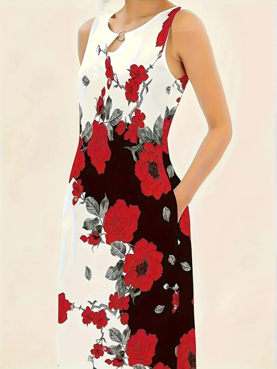 Large size European and American printed sleeveless temperament long dress for women retro long dress