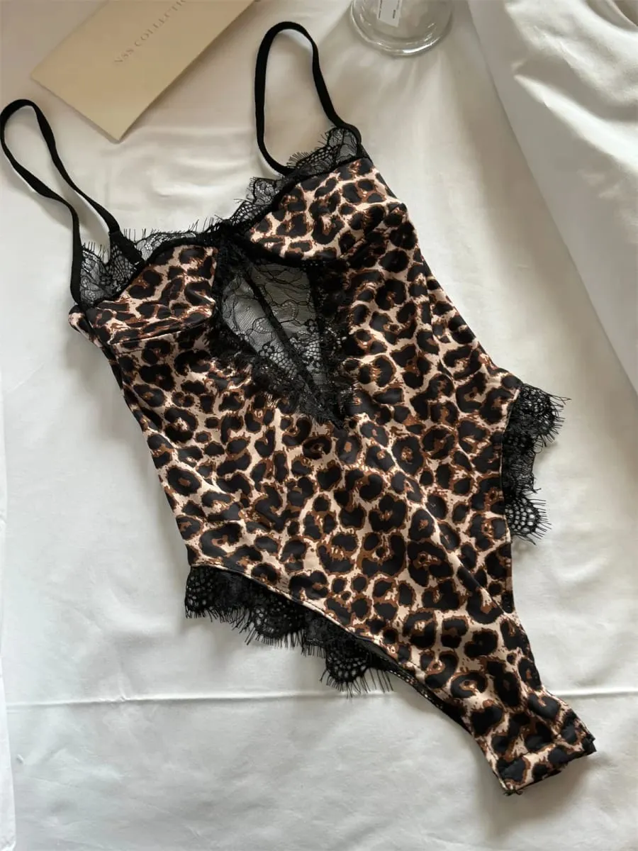Sexy Leopard Print Halter Bodysuit for Women Thin Stretch Lace Lingerie One-Piece with Hanging Neck — image 3