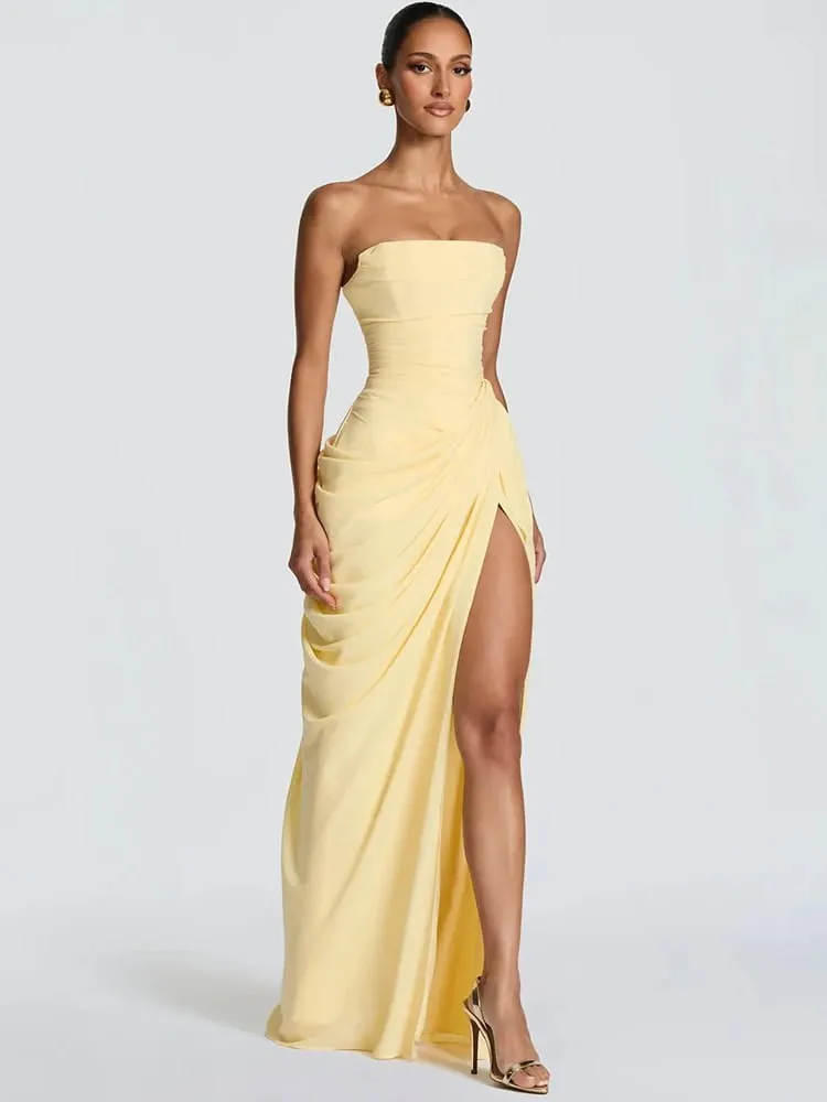 Mozision Chiffon Off-shoulder Strapless Sexy Maxi Dress Women Elegant Sleeveless Backless High Split Ruched Club Party Dress