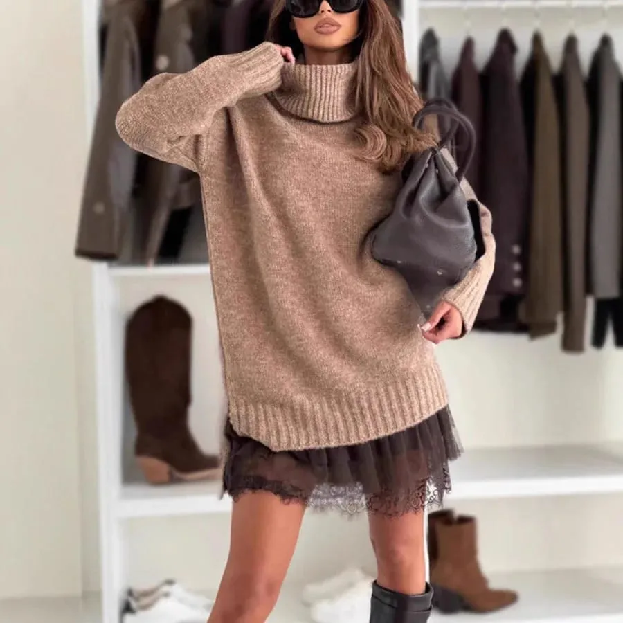 Novo vestido feminino 2 peças camisola de malha gola alta renda solta moda ombro gota manga longa mini saia feminina — image 3
