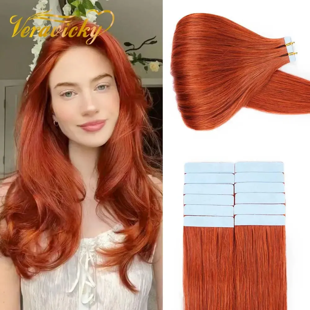 Veravicky cobre vermelho 50g fita em extensões de cabelo humano trama da pele adesivo invisível machina remy sem costura 100% cabelo real — image 2